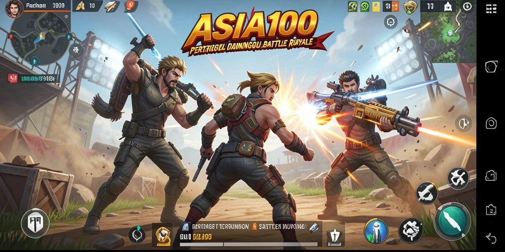 Tangkapan layar utama ASIA100 menampilkan aksi intens Battle Royale.