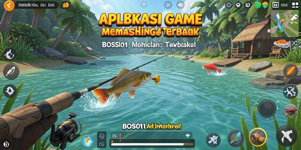 Screenshot utama dari BOS01 menampilkan pemain sedang memancing di danau yang indah.