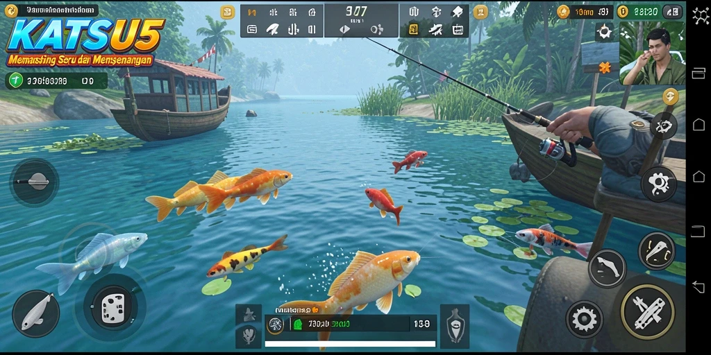 Screenshot KATSU5 menampilkan pemain yang sedang memancing di lokasi indah.