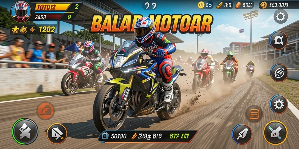 Screenshot gameplay TOTO12 dengan balapan motor yang menegangkan.